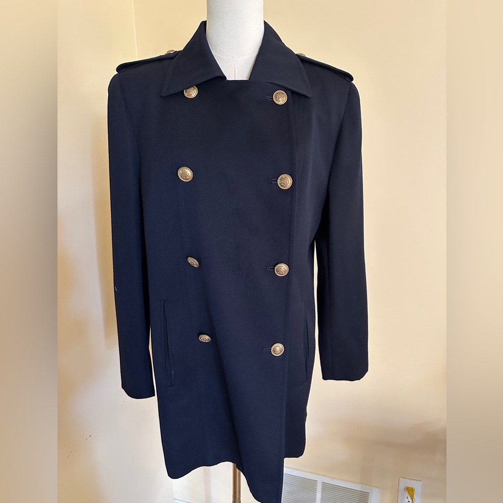 Vintage Ralph Lauren Coat Jacket Double Breasted Navy Gold tone Buttons Size 8
